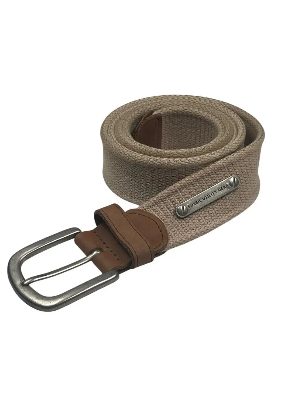 Fossil Utility Gear Men’s Canvas Belt Khaki Tan Leather Trim Size 40